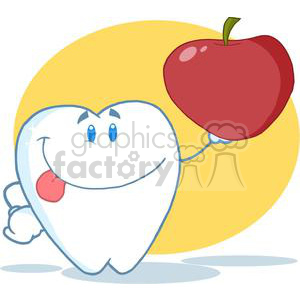 2945-Smiling-Tooth-Cartoon-Character-Holding-Up-A-Apple