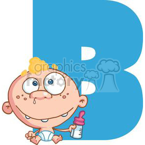 A humorous clipart image of a baby holding a bottle in front of a large blue letter B.