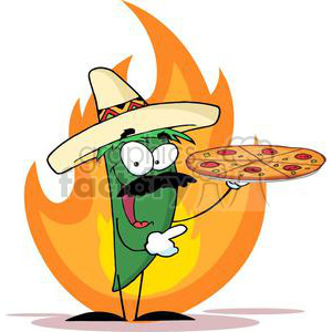 Cartoon green chili pepper character wearing a sombrero hat and a mustache, holding a pizza with a background of flames.