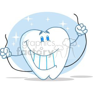 The clipart image depicts a cartoon-style illustration of a single, large, white tooth with a happy facial expression. The tooth has blue eyes and is holding a piece of dental floss in its hands, suggesting the action of flossing. The background features sparkles and a light blue aura, emphasizing the cleanliness or healthiness of the tooth.