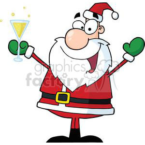 A cheerful Santa Claus cartoon character holding a champagne glass, dressed in traditional red and white attire with green mittens.