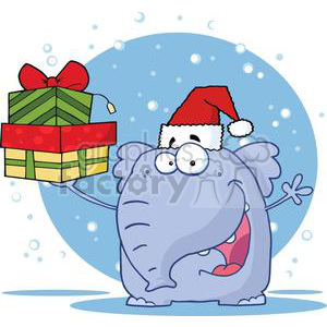 A cheerful elephant wearing a Santa hat holding a gift box, set against a snowy background, conveying a festive Christmas theme.