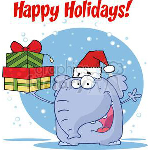 A funny clipart image featuring a cartoon elephant wearing a Santa hat and holding a wrapped gift, with the text 'Happy Holidays' above.