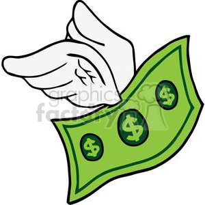 Clipart image of a green dollar bill with wings, symbolizing money flying away or financial loss.