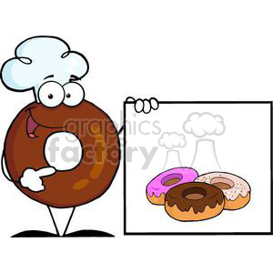 3477-Friendly-Donut-Cartoon-Character-Presenting-A-Blank-Sign-With-Donuts