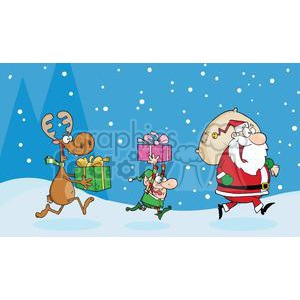 A humorous Christmas-themed clipart image featuring Santa Claus with a sack, a reindeer holding a gift, and an elf with a present, all walking through a snow-covered landscape.