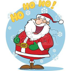 A funny clipart image of Santa Claus laughing with 'Ho Ho Ho!' amidst falling snowflakes.