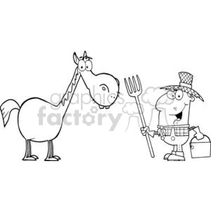 A black and white clipart illustration featuring a cartoon farmer holding a pitchfork and a pail standing next to a horse.