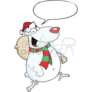 A cartoon bear wearing a Santa Claus hat and a scarf, carrying a sack and walking with a speech bubble above.