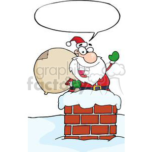 A funny clipart image of Santa Claus waving while standing in a chimney with a large sack.