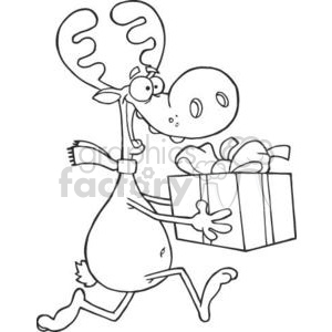 A humorous clipart image of a cartoon reindeer wearing a scarf and holding a Christmas gift.