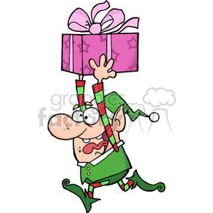 A cartoon-style elf in a green outfit and hat joyfully carrying a large pink gift box tied with a ribbon.