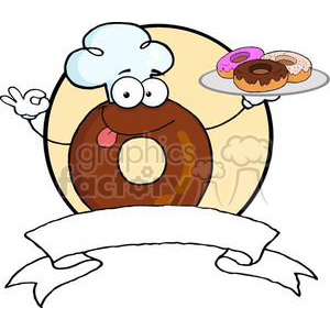 A clipart image featuring a cartoon donut with a face, wearing a chef's hat, holding a tray with three decorated donuts. The character is giving an OK gesture and there is an empty banner below the character for adding text.