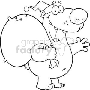 Black and white clipart of a smiling bear wearing a hat and holding a large sack over its shoulder.