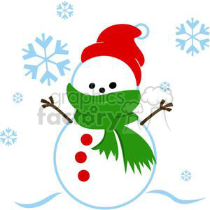 A festive clipart of a snowman wearing a red hat and green scarf, with snowflakes in the background.