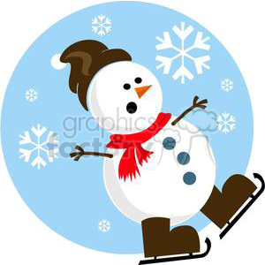 A cheerful illustration of a snowman wearing a brown hat and red scarf, ice skating against a blue background with snowflakes.