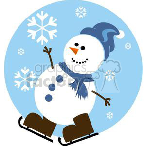 Clipart image of a cheerful snowman ice skating, wearing a blue hat and scarf. The background features snowflakes in a circular blue backdrop.