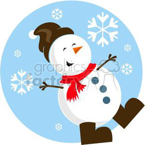 A cheerful snowman dressed in a red scarf and brown hat, set against a blue circular background with falling snowflakes.