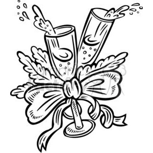 A black and white clipart image of two champagne glasses filled with bubbling champagne, adorned with leaves and a decorative bow.