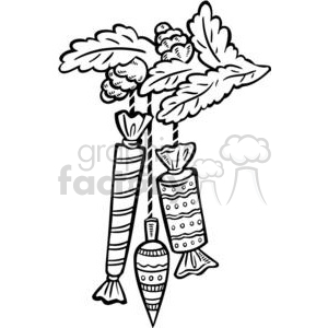 A black and white clipart image of three festive holiday crackers with decorative patterns, surrounded by holly leaves and berries.