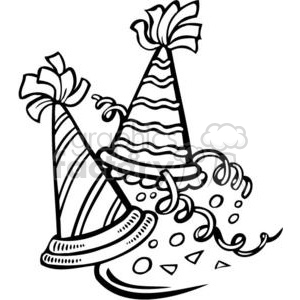 Black and white clipart of two festive party hats with ribbons and confetti.