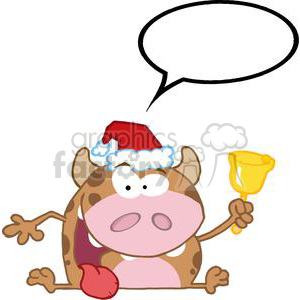 A cartoon cow wearing a Santa hat, holding a bell, with an empty speech bubble for text.