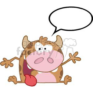 The clipart image depicts a funny cartoon cow character lying on its stomach. The cow has a humorous expression with wide eyes and a big, pink snout. Its tongue is sticking out on one side, adding to the comedic effect. Above the cow, there is an empty speech bubble suggesting the cow could be saying something.