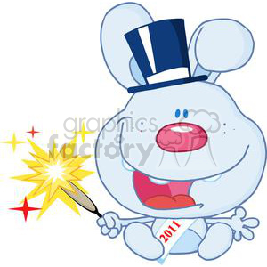 A cute cartoon baby bunny celebrating New Year's Eve, wearing a top hat and holding a sparkler, with a sash marked 2011.