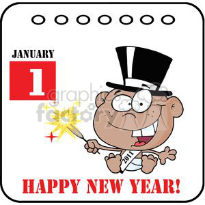 A humorous New Year's Eve clipart featuring a cartoon baby in a top hat with a 2011 sash, holding a sparkler. The background displays a calendar page showing January 1st with 'HAPPY NEW YEAR!' text.