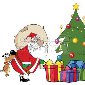 A funny Christmas clipart featuring Santa Claus with a sack of gifts, a cheerful dog, and a decorated Christmas tree with presents underneath.