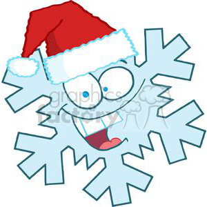 A cartoon snowflake with a wide smile, wearing a Santa hat.