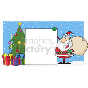 A humorous Christmas-themed clipart image featuring Santa Claus holding a large blank sign, surrounded by a festive tree adorned with ornaments and candles, and several wrapped gift boxes.