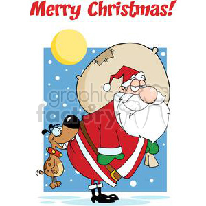 A humorous Christmas clipart featuring Santa Claus with a large sack of gifts, accompanied by a grinning dog attached to his bottom. The background has snowfall and a bright yellow moon, with the text 'Merry Christmas!' at the top.