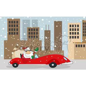 A humorous Christmas-themed clipart image featuring Santa Claus driving a red convertible car in a snowy urban setting, with a large sack of gifts in the back.