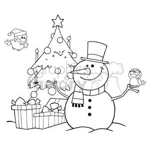 Outlined-Friendly-Snowman-With-A-Cute-Birds-And-Christmas-Tree