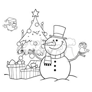 A humorous Christmas clipart featuring a smiling snowman with a top hat and scarf, surrounded by several gifts, a decorated Christmas tree, and two cheerful birds.