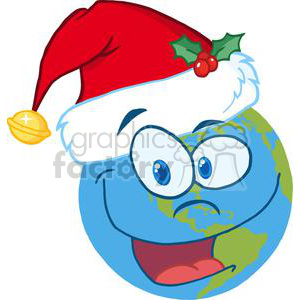 A cartoon Earth with a Santa hat, featuring a happy expression, holly, and a jingle bell.