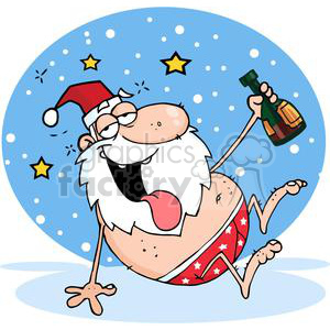 A humorous cartoon of Santa Claus appearing tipsy while holding a bottle of whiskey, wearing only red starry underwear against a snowy background.