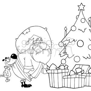 A humorous Christmas clipart image featuring Santa Claus inspecting gifts under a decorated Christmas tree with a dog attached to his bottom