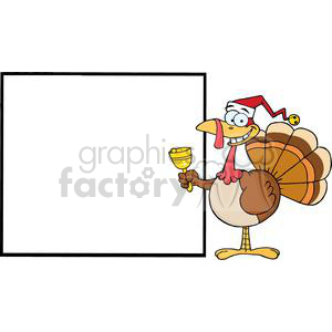 A cartoon turkey wearing a Santa hat holding a bell, standing beside a blank sign.