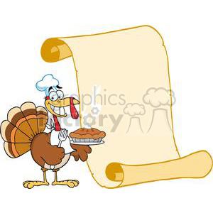 Cartoon Thanksgiving turkey dressed as a chef, holding a steaming pie and a scroll.