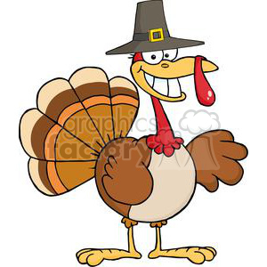 A cartoon turkey wearing a pilgrim hat, smiling humorously, perfect for a Thanksgiving theme.