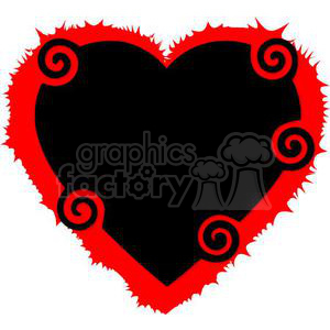 A clipart image of a black heart with a red, spiky border and red twirls inside.