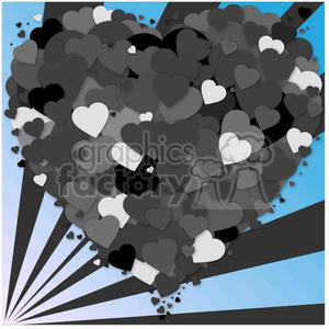 A clipart image featuring a large heart made up of numerous smaller black, white, and gray hearts against a blue background with radiating lines.