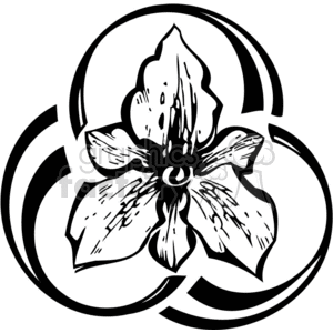 A black and white clipart image of a stylized flower surrounded by curved lines.