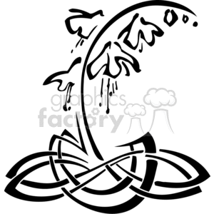 A black and white clipart image featuring abstract Celtic knot designs interwoven with a stylized lily of the valley flower. The artwork combines elements of traditional Celtic art with floral motifs.