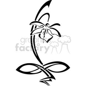 Black and white line art of a stylized single flower with curvy, abstract stem and leaves.