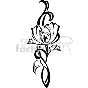A black and white clipart image featuring a stylized flower with ornamental leaves and stems.