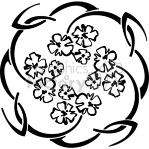 A black and white clipart image of a floral mandala pattern. The image features stylized flowers surrounded by an intricate circular design.