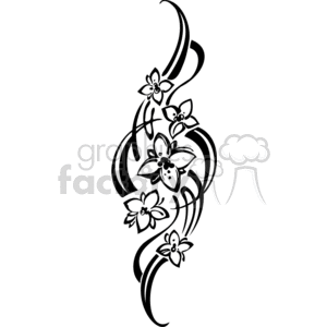 A decorative black and white clipart image featuring a stylized floral design with multiple flowers and swirling lines.